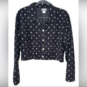 Vintage Roughrider Fringe Cropped Jacket Folk Floral Western Black Cream M USA